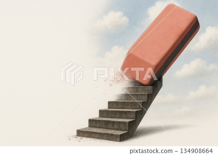 A staircase that is erased by a giant eraser. Space for text. A staircase that is erased by a giant eraser. Space for text. 134908664