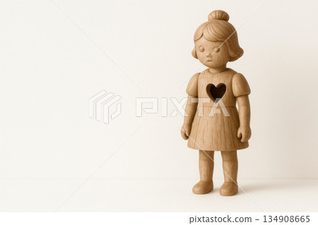 A wooden doll with a heart carved in the chest. Space for text. A wooden doll with a heart carved in the chest. Space for text. 134908665