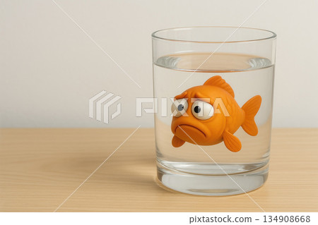 Sad goldfish in a glass of water. Space for text. Sad goldfish in a glass of water. Space for text. 134908668