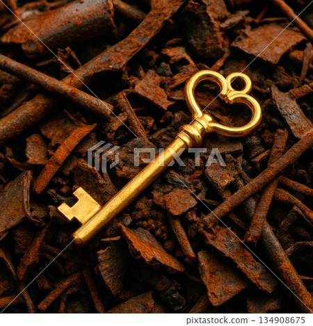 A golden key among rusty scrap metal. A golden key among rusty scrap metal. 134908675