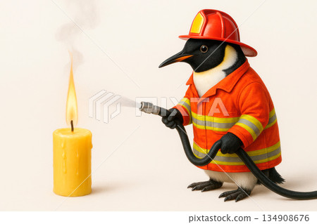 A penguin firefighter extinguishes a candle. A penguin firefighter extinguishes a candle. 134908676