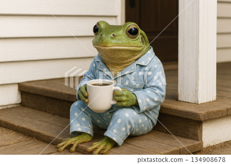 A frog in pajamas with a mug of coffee is sitting on the steps. 134908678