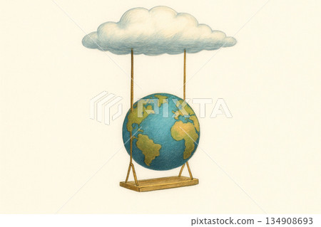 Planet Earth on a swing, suspended from a cloud. Space for text. Planet Earth on a swing, suspended from a cloud. Space for text. 134908693