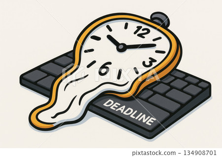 A melted watch on the keyboard with the word Deadline. Space for text. A melted watch on the keyboard with the word Deadline. Space for text. 134908701