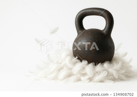 Cast-iron kettlebell on a pillow of soft feathers. Space for text. 134908702