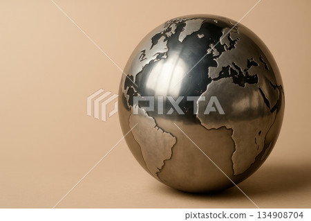A metal globe with engraved continents. Space for text. A metal globe with engraved continents. Space for text. 134908704