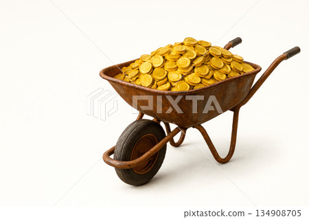 A rusty car full of gold coins. Space for text. A rusty car full of gold coins. Space for text. 134908705