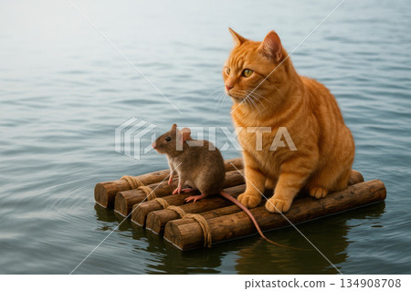 A cat and a mouse together on a raft in the sea. 134908708