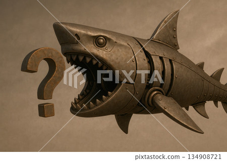 Metal shark robot swallows a question mark. Metal shark robot swallows a question mark. 134908721