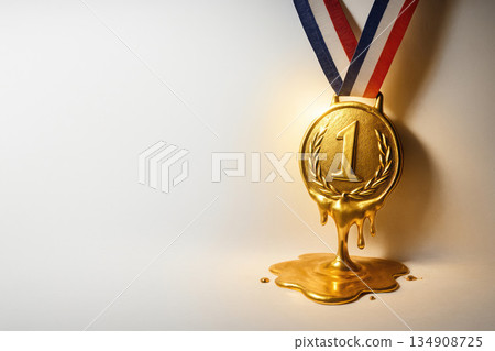 A spreading gold medal with a ribbon in the colors of the tricolor. Space for text. 134908725