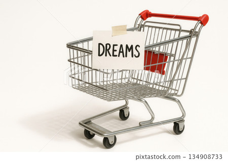 Shopping cart with a DREAMS sign inside. Space for text. 134908733