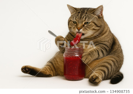 Fat cat sitting with a jar of jam and eating with a spoon. Space for text. 134908735