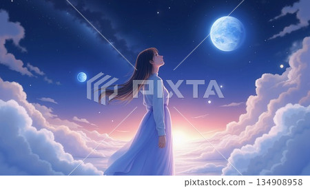 滿月，一位女子站在雲端 134908958