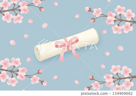 一幅溫馨的畢業插畫，描繪了櫻花和畢業證書。 134909082