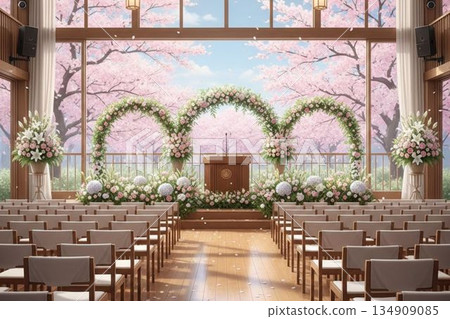 畢業典禮會場的春日景象:一個裝飾著鮮花和櫻花的會場。 畢業典禮會場的春日景象:一個裝飾著鮮花和櫻花的會場。 134909085