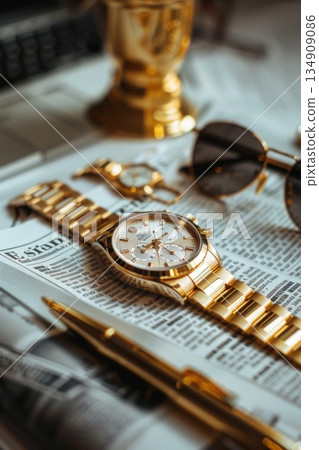 A gold watch, pen, and sunglasses rest on a newspaper beside a banknote A gold watch, pen, and sunglasses rest on a newspaper beside a banknote 134909086