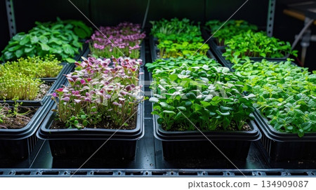 Various plants in flowerpots on shelf, including flowers, shrubs, and trees 134909087