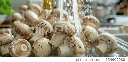 Mushrooms being washed in sink for recipe using engineering 134909088