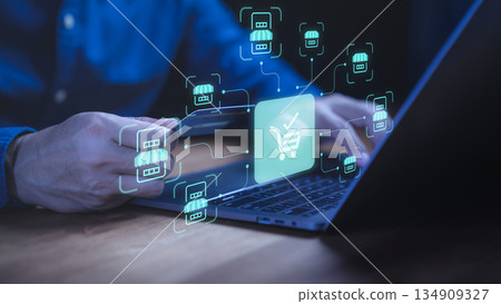 Online shopping concept with digital payment, e-commerce marketplace, and secure transaction using credit card and laptop technology, representing global retail business growth. Online shopping concept with digital payment, e-commerce marketplace, and secure transaction using credit card and laptop technology, representing global retail business growth. 134909327