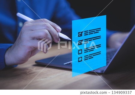 Digital checklist with business planning and task management on laptop, symbolizing productivity, workflow organization, project strategy, and efficiency in modern workplace technology. 134909337