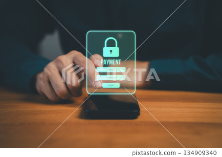 Secure online payment login on smartphone with password authentication, illustrating cybersecurity, digital finance protection, safe transaction, modern fintech technology for secure mobile banking. Secure online payment login on smartphone with password authentication, illustrating cybersecurity, digital finance protection, safe transaction, modern fintech technology for secure mobile banking. 134909340