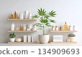 Medical cannabis plant displayed on wooden shelves with various skincare products, creating a serene and organized pharmacy atmosphere 134909693