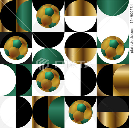 Geometric abstract football background in gold and green with semi-circles and soccer ball Geometric abstract football background in gold and green with semi-circles and soccer ball 134909784