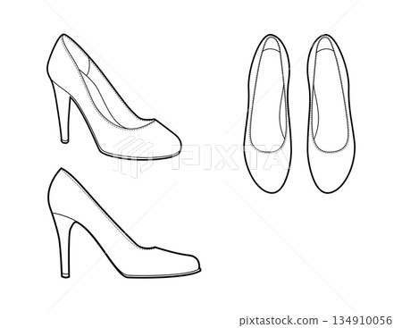 Pump and heel styles women single line pair. Stiletto variations with curved vamp learning, professional reference. Pump and heel styles women single line pair. Stiletto variations with curved vamp learning, professional reference. 134910056
