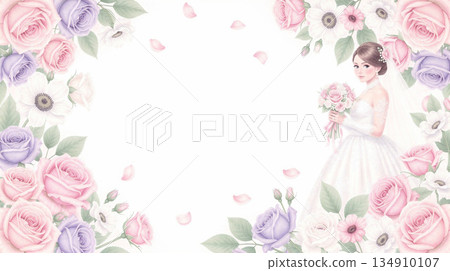 A bride surrounded by lots of roses, full of happiness 134910107