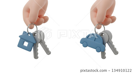 3d cartoon hands holding a house key and a set of car keys together, representing a major purchase, moving in, or buying a new home and vehicle 134910122