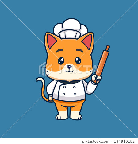 Cute cartoon illustration of a smiling cat dressed as a chef holding a rolling pin. bakery and restaurant themes, mascot branding, games, stickers, and digital illustrations. Isolated on a blue backgr 134910192