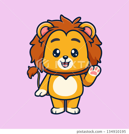 Cute lion mascot cartoon character waving hand. Friendly animal illustration , suitable for children content, education, branding, stickers, posters, and digital design. Cute lion mascot cartoon character waving hand. Friendly animal illustration , suitable for children content, education, branding, stickers, posters, and digital design. 134910195