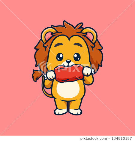Cute Lion Cartoon Character eating big meat. suitable for children content, education, branding, stickers, posters, and digital design. Cute Lion Cartoon Character eating big meat. suitable for children content, education, branding, stickers, posters, and digital design. 134910197