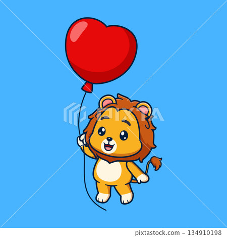 Cute lion cartoon character flying while holding a red heart balloon. Adorable animal illustration in vector style, expressing happiness and freedom, suitable for children content, celebration themes, Cute lion cartoon character flying while holding a red heart balloon. Adorable animal illustration in vector style, expressing happiness and freedom, suitable for children content, celebration themes, 134910198
