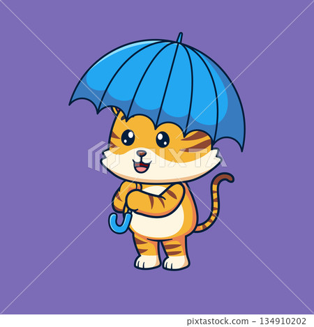 Cute cartoon tiger character holding an umbrella with a cheerful expression. Adorable animal illustration in simple design style, representing rain, weather, protection, care, and positivity. 134910202