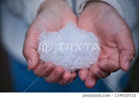 A lump of snow held in both hands | Image of winter nature and cold 134910518