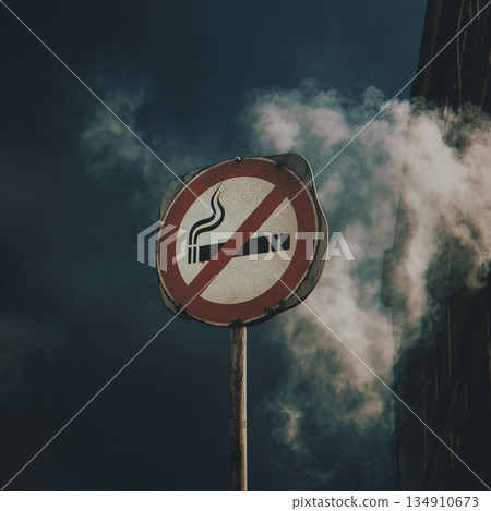 No smoking sign smoke prohibition symbol health warning dark background street pole moody atmosphere No smoking sign smoke prohibition symbol health warning dark background street pole moody atmosphere 134910673