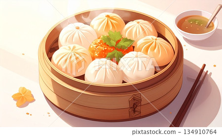 新鮮蒸煮的中國傳統美食小籠包和燒麥的插圖：高品質的圖片素材，非常適合用於餐廳菜單和廣告宣傳。 134910764