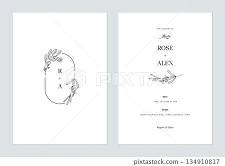 Minimalist floral wedding invitation card template design, floral line art ink drawing on white Minimalist floral wedding invitation card template design, floral line art ink drawing on white 134910817