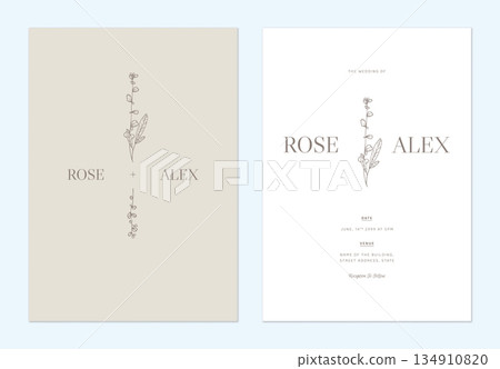 Minimalist floral wedding invitation card template design, floral line art ink drawing on bright brown and white 134910820