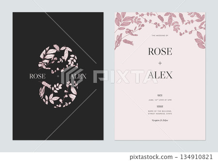 Minimalist floral wedding invitation card template design, floral line art ink drawing on dark grey and bright red 134910821
