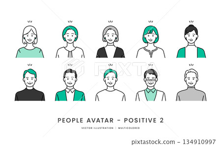 一組40至60歲中老年男女的簡單向量插圖圖標，展現積極的面部表情。 134910997