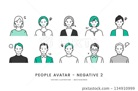 一組簡單的向量插圖圖標,描繪了40至60歲中老年男女的負面面部表情和符號。 一組簡單的向量插圖圖標,描繪了40至60歲中老年男女的負面面部表情和符號。 134910999