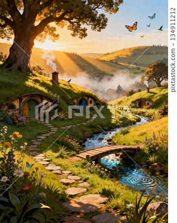Bright cottage scene, Peaceful hillside community with lush natural surroundings and charming features 134911212