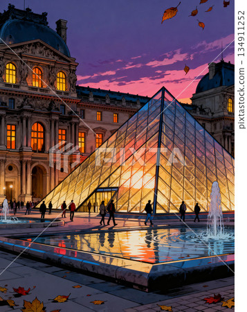 Colorful evening scene, Bustling plaza illuminated by warm lights with falling leaves and social groups 134911252