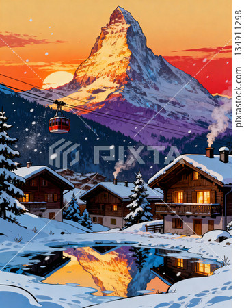 Dusk casts warm hues over snowy cabins and towering mountain peaks reflecting in frozen water 134911298