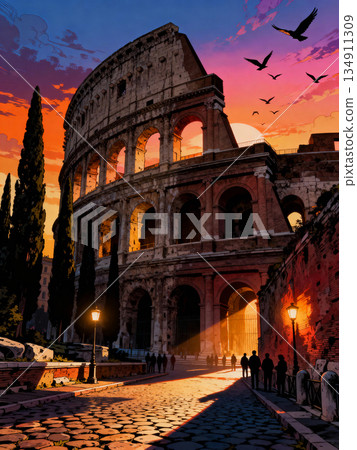 Sunset over historic amphitheater, Dusk illuminates grand Colosseum with shadows and glowing lights 134911309