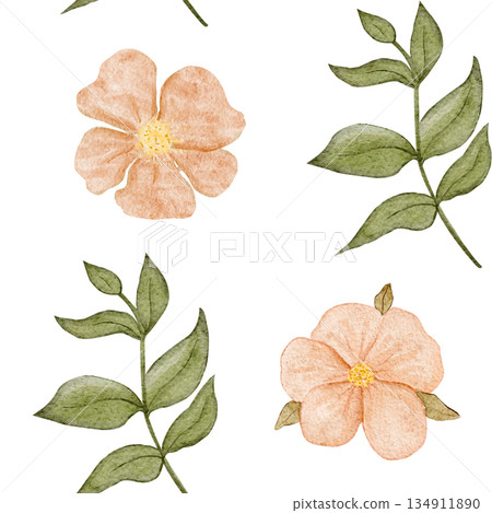Flower, green leafy branch seamless watercolor pattern on white. Botanical clip art for wedding stationery, invitations, branding, packaging, prints, floral designs, feminine projects. Peach color Flower, green leafy branch seamless watercolor pattern on white. Botanical clip art for wedding stationery, invitations, branding, packaging, prints, floral designs, feminine projects. Peach color 134911890