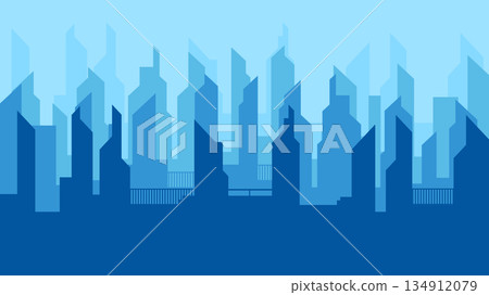 Minimal blue cityscape silhouette with layered buildings, creating a clean urban background 134912079