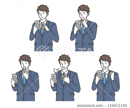 Emotional variation illustration set of a male high school student looking at a smartphone Emotional variation illustration set of a male high school student looking at a smartphone 134912189